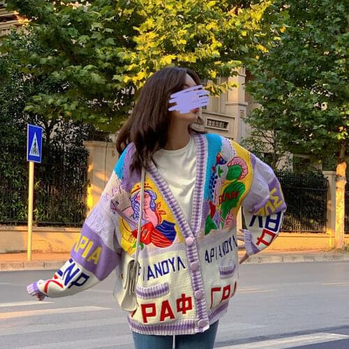 Korobov 2021 New Japanese Vintage Women Cardigans Sweaters Cartoon Embroidery Cardigan Korean Streetwear V Neck Sweater