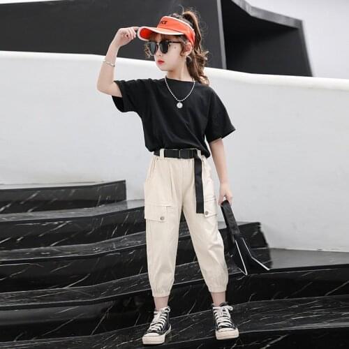 Cool Teen Girls Clothing Set Teenage Clothing Short Sleeve T-shirt + Cargo Pants 2 Pieces Clothes Set Summer Girl Outfit 3-14T