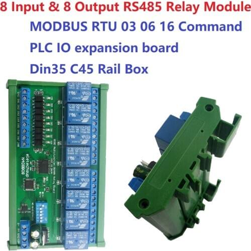 DC 12V 24V 8I8O Multifunction Modbus RTU Relay Module Support 03 06 16 Function Code RS485 Switch Control Board DIN35 Rail Box