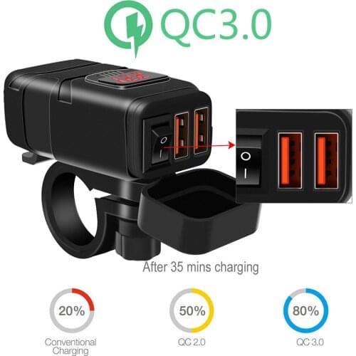 Motorcycle Dual QC 3.0 USB Charger Kit SAE to USB Adapter with Voltmeter On Off Switch Quick Disconnect Plug for Phone Tablet