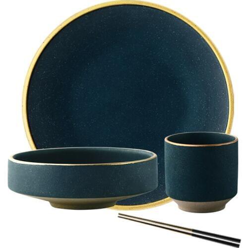 New Ceramic Gold Inlay Plates Steak Food Dish Nordic Style Retro Tableware Bowl Ins Dinner Plate Cup High End Dinnerware Set