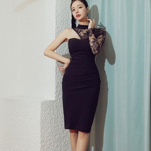 New arrival fashion spring midi party night club dress women OL temperament one-shoulder perspective lace black pencil dress