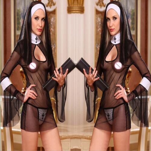 New Sexy Costume Women Cosplaying Nuns Uniform See Through Sexy Lingerie Exotic Nun Halloween Costumes Dress Sleepwear Underwear