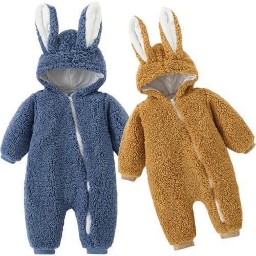 Boys and girls clothes thickened autumn and winter warm jumpsuit with hooded rabbit ears baby boy romper suit newborn