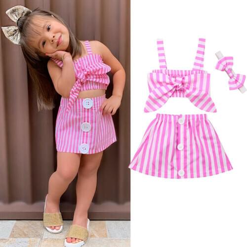 Toddler Kids Baby Girls Clothes Strap Tops Vest +Stripe Skirt Casual Outfits Set 0-3Y
