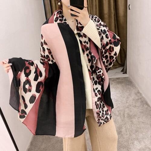 Autumn and Winter Cotton Linen Scarf Womens Splicing Leopard Print Sunscreen Shawl Long Scarf Women