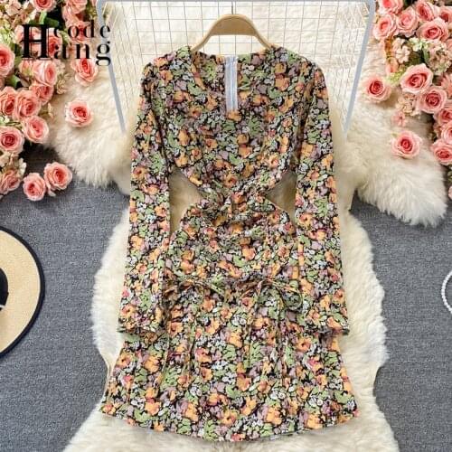 HangCode Autumn Dress Women Long Sleeve Floral Print Ruched Bodycon Mini Dress Package Hips Sexy Vestidos Sundress