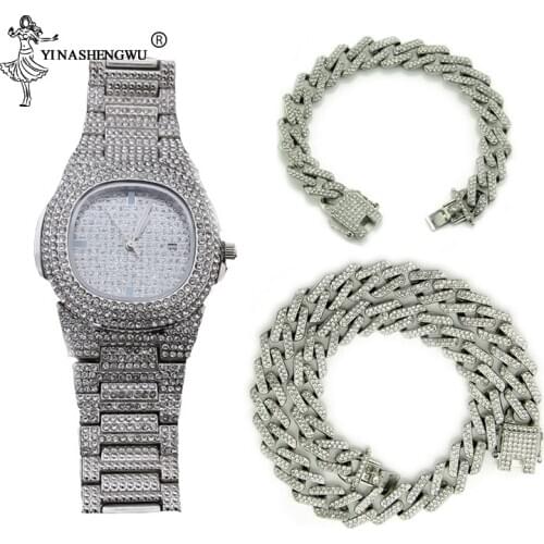 Hip Hop 15MM Necklace+Watch+Bracelet Set Bling Iced Out Miami Zircon Cuban Pave Rhinestone Men Bracelet Necklace For Men Jewelry