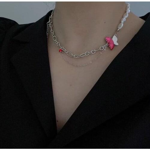 Origin Summer Fashion Asymmetry Splice Butterfly Chokers Necklace for Women Girls Vintage Imitation Pearl Chain Necklace Jewelry
