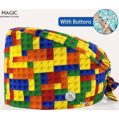 Cartoon Tooth Printing Caps Pet Club Dustproof Work Hats Men and Women Beautician Working Caps Scrubs Caps with Sweat-absorbent