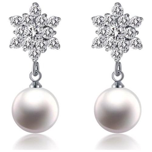 LEMOER Silver Color Micro Pave Crystal Shell Pearl Flower CZ Zircon Drop Earrings 12mm Natural Teardrop Pearls Bridal Jewelry