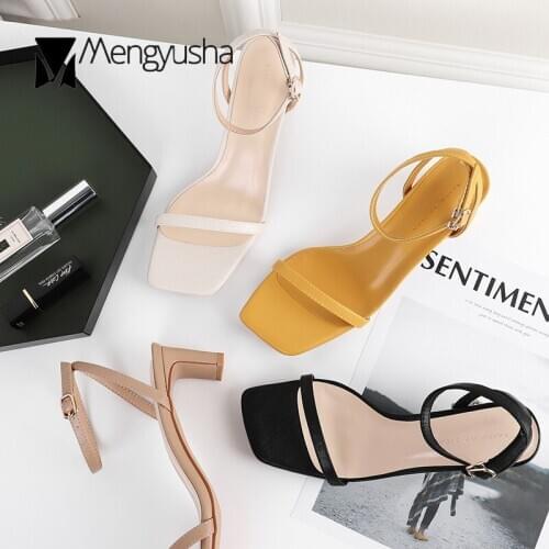 Candy color open toe narrow band rome sandalias femme slingback ankle buckle square toe flipflops small high heels sandals women