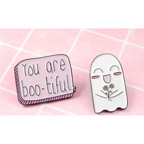 Funny You are beautiful Romantic Ghost Presents Flowers Express Love Denim Backpack Accessories Enamel Pins For Girls