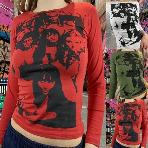 2021 Retro face print slim T-shirt Y2K street personality long-sleeved T-shirt