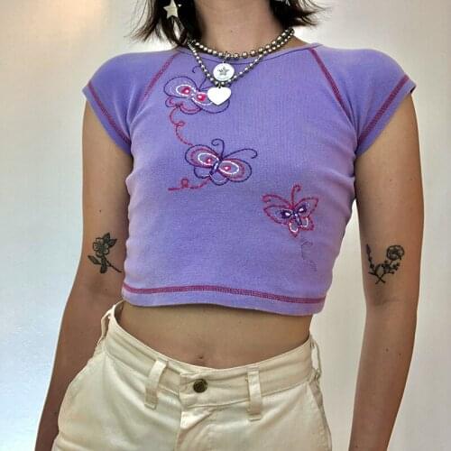 Women Summer Round Collar T-shirt Butterfly Embroidery Short Sleeve Crop Tops Slim Base Shirt Casual Rib Vest Cami Streetwear