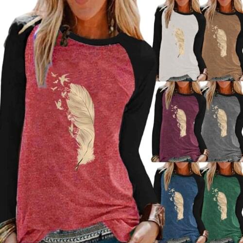Ladies Autumn New Casual Long Sleeve Shirt Top Fashion Round Neck Loose Feather Print Ladies T-shirt Sweatshirt Plus Size XS-5XL