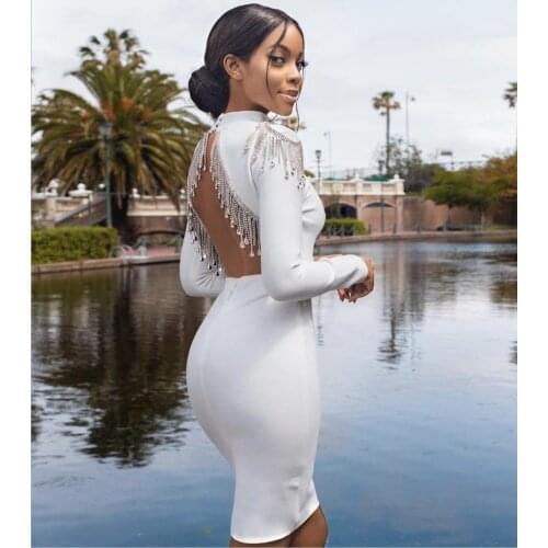 Vero Sinly 2020 Winter Sexy Long Sleeve Backless Diamonds Tassel Bandage Dress Designer Fashion Evening Party Dress Vestido