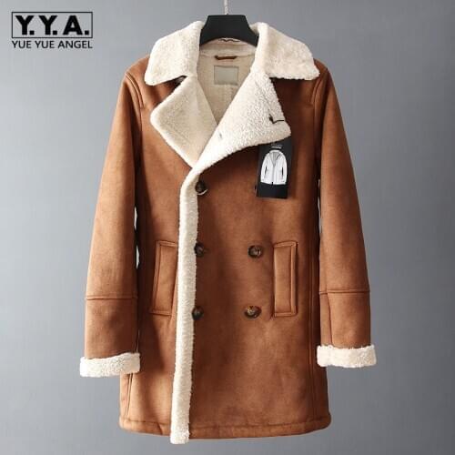 Winter Mens Shearling Overcoat Thick Fur Lining Warm Long Jacket Double Breasted Pu Leather Jacket Motorcycle Outwear Coat