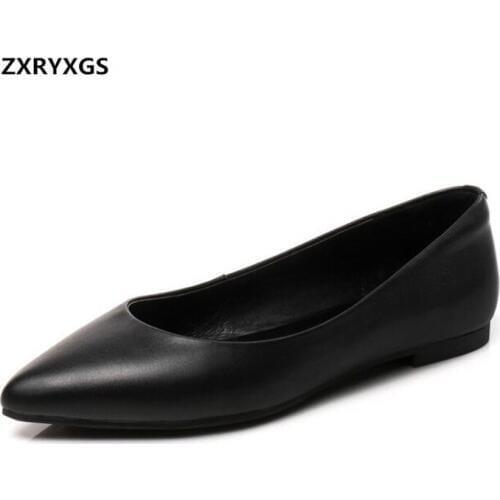 2021 New First Layer of Cowhide Leather Shoes Shallow Mouth Pointed Black Flat Shoes Woman Shoes Soft Bottom work Plus Size 42