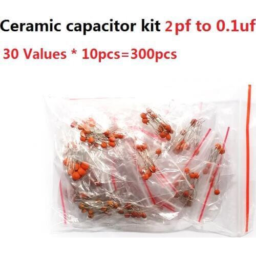 30 Values*10pcs=300pcs Ceramic capacitor kit 2pf to 0.1uf 50V Assorted kit set Assortment pack 22PF 30PF 220PF 103 104 100PF 472