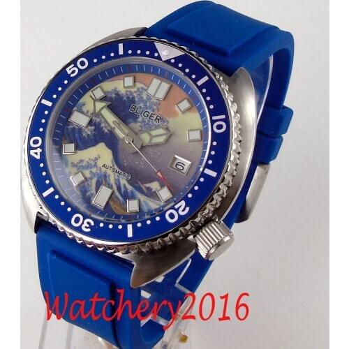 45mm Bliger Silver Case Sapphire Glass Date C3 Luminous Waterproof Blue Rubber Strap NH35A Movement Mens Top Automatic Watch