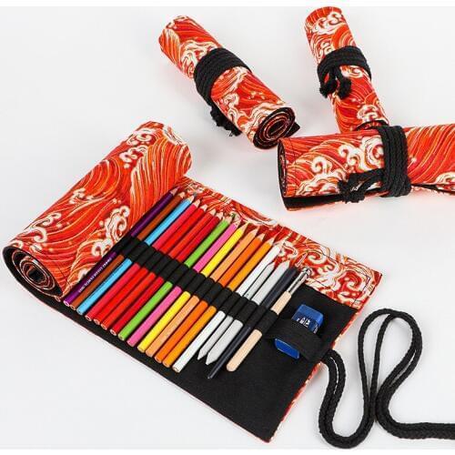 50pcs Mini Roll School Pencil Case Large 24/36/48/72 Holes Pencilcase Red Canvas Big Pen Bag Stationery Box Pouch Kit Korean