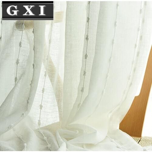 GXI White Linen Window Screens Vertical Stripes with Cotton Ball Tulle Curtains for Living Room Modern Gray Tulle Cortinas