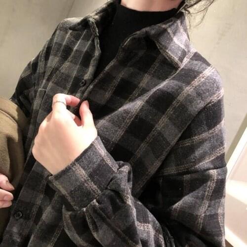 Blouse Women Shirt Plaid Women Autumn Winter Woolen Shirt Coat Plaid Top Blusas Mujer De Moda