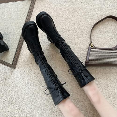 BLWBYL 2021 Retro Thick Knee-high Knight Boots Women Shoes Fashion Lace-up Leather Shoes Women Autumn Square Heel Boots Woman