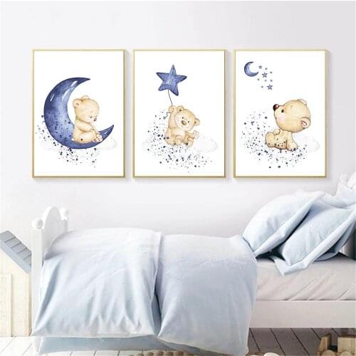 Children Nursery Art Prints Blue Star Moon Bear Canvas Painting Cartoon Animal Poster Nordic Wall Art Pictures Baby Room Decor