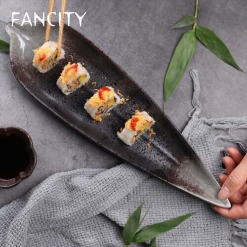 FANCITY Retro Bamboo Leaf Ceramic Plate Sushi Plate Japanese Style Japanese Ceramic Tableware Household Dim Sum Plate Set