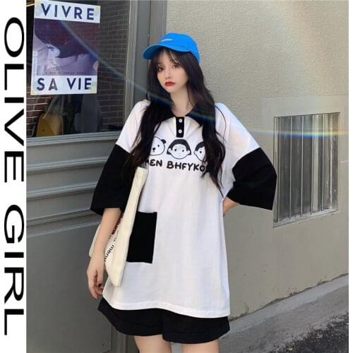 2021 Summer Women Tshirt Harajuku Panelled Kawaii Cute T-shirt Oversized Loose T shirt Cartoon Print Polo Shirts Short Sleeve