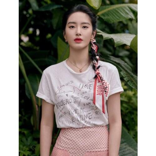 Yang Caiyu Same Style White T-shirt Womens Loose Letter Printed T-shirt Cotton Short Sleeve D Family Valentines Day Series