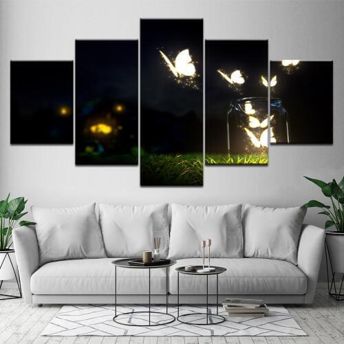 Canvas Posters Home Decor Framework HD Prints Pictures 5 Pieces Beautiful Yellow Glowing Butterfly Grassland Paintings Wall Art