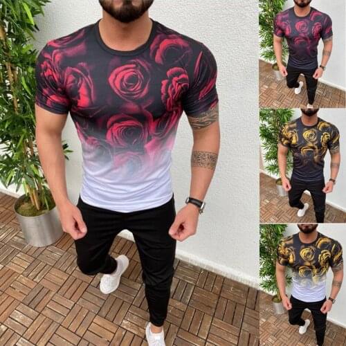 Summer Printed T-shirt Mens European and American Rose Gradient round Neck Short-Sleeved T-shirt Mens Shirt