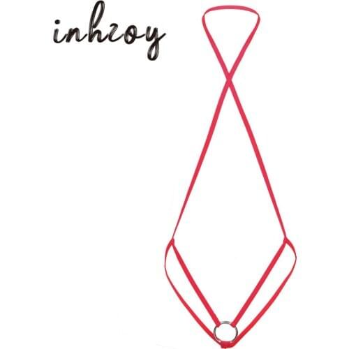 Mens Erotic Crotchless Strings Underwear Male Sexy Lingerie Halter Elastic Spaghetti Straps Slingshot Bodysuits with Penis Ring