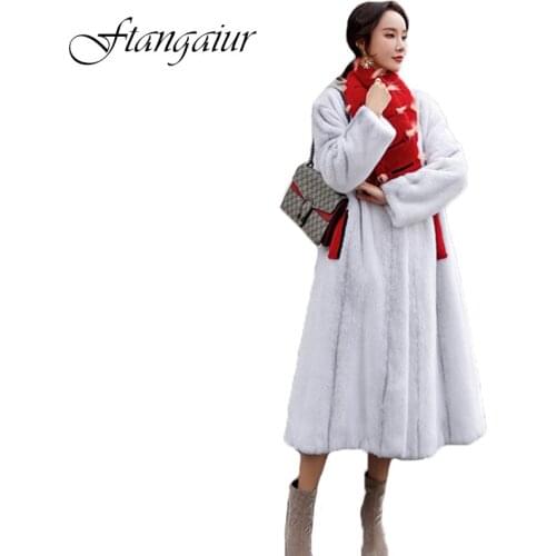 Ftangaiur 2021 Winter Import Velvet Mink Fur Coat Women Full Sleeve With Fur Scarf Losse Medium Natural Real Mink Fur Coats
