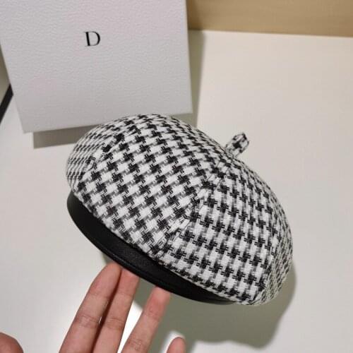 QPALCR New Hats For Women Houndstooth Beret Female Autumn Winter PU Edging KoreanJapan Wild Tide British Retro Plaid Painter Hat
