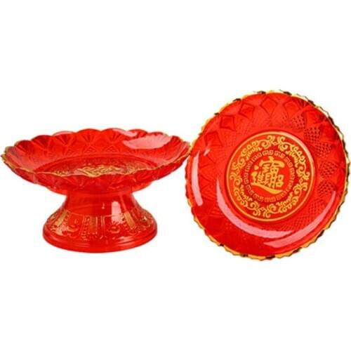 New Wedding Candies Pastries Tray Buddhist Supplies Red Plastic Fruit Plate Exquisite Gold-rimmed Joyous Lucky Fortune Dish