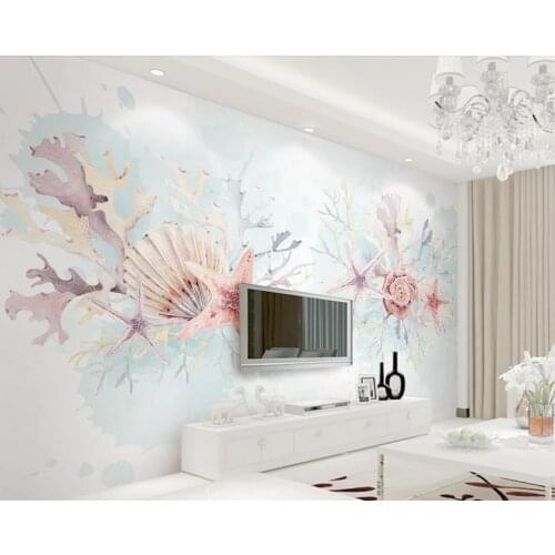 Beibehang Custom wallpaper fresh starfish coral shell hand painted watercolor Mediterranean TV background murals 3d wallpaper