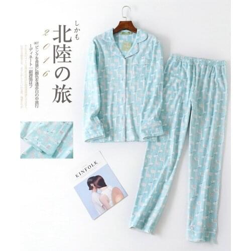 Autumn Knitted Cotton Pyjamas Womens 2-piece Pajamas Long Sleeve Pants Sleepwear Winter Pijama Woman Cartoon Homewear Plus Size
