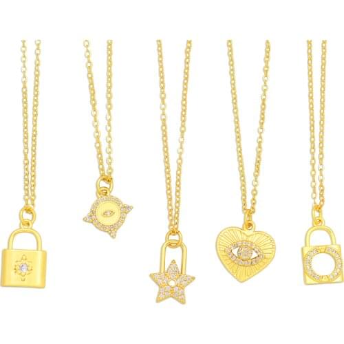 Small Star Sun Heart Evil Eye Pendant Necklace for Woman Punk Jewelry Gold Color Round Star Lock Pendant Necklaces Zirconia