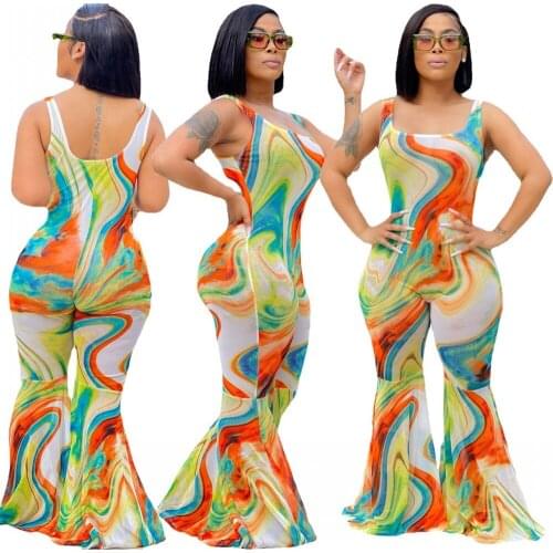 Tie Dye Printed Flared Jumpsuit Dashiki Fashion Sleeveless Vest High Stretch Womens Jumpsuit Summer New Style African Clothing