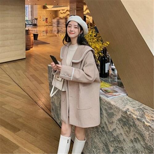 Autumn And Winter New Style Large Size Loose Fashion Commuter College Wind Navy Lapel Woolen Coat