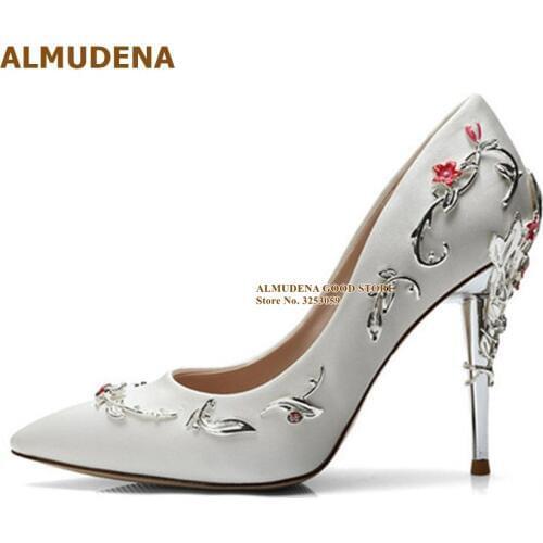 ALMUDENA Luxury 3D Flowers Wedding Shoes Satin Fabric Metal Floral Heels Party Shoes Pointed Toe Gladiator Pumps Size42 Dropship