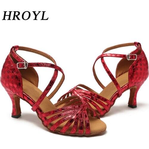 HROYL Latin dance shoes Women Flash Satin Gold Silver Black wide thin high heel 9cm Salsa Performance Ballroom dancing shoes