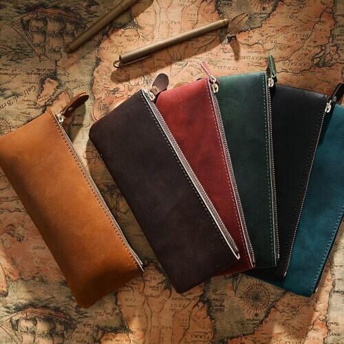 Handmade Genuine Leather Pencil Bag Vintage Retro Style Cowhide Zipper Pen Case School Bag Pen Case Office Stationery Gift