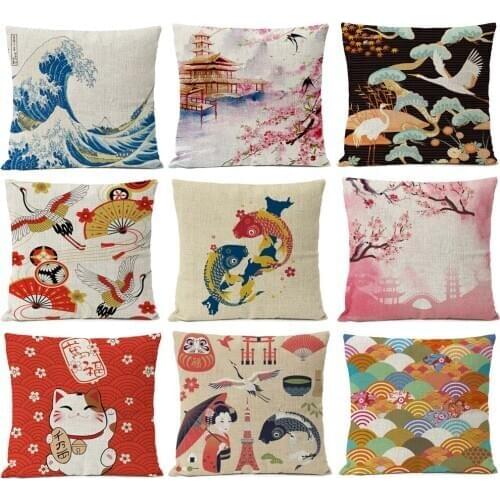 Japanese Pillow Cover Fuji Mountain Cherry Blossom Wave Cushion Cover Home Decorative Linen Pillow Case Cojines Almofada