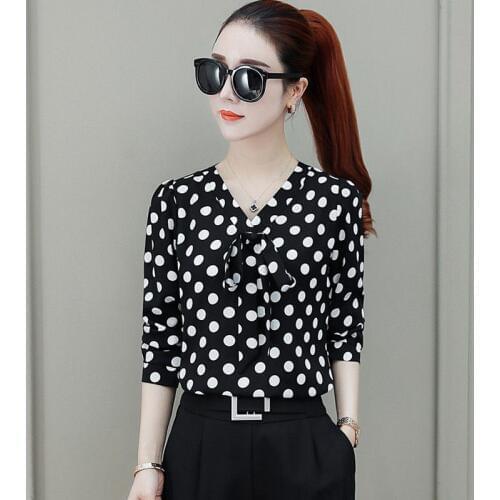 New Womens Tops Fashion Summer autumer long sleeve Leisure Chiffon Blouse Casual Female Bow tops Polka Dot Blusas DD2604