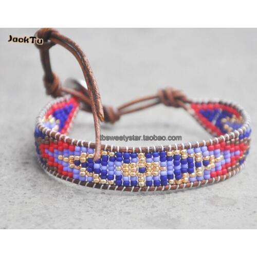 Women blue mixed seed beads leather wrap bracelet